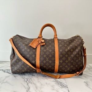 LV Keepall 55 + Strap Duffle Travel Bag Brown Auth Monogram Louis Vuitton